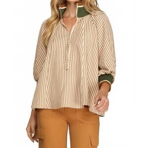 NEW STYLE U half- zip stripe top in taupe